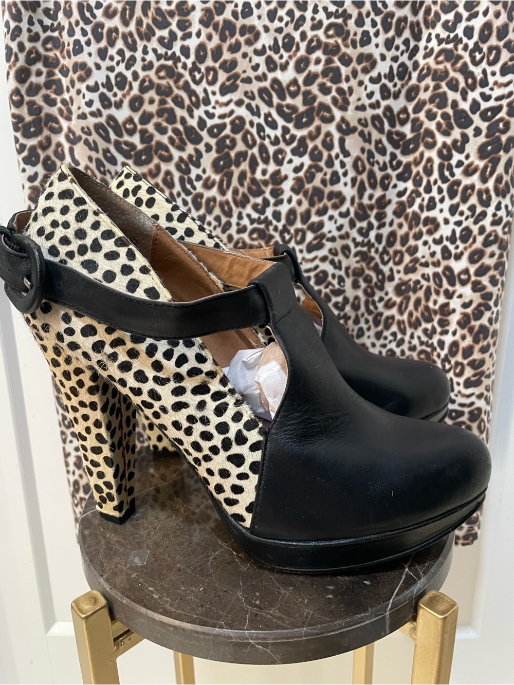 Naughty Monkey Platform Mary Jane Pumps Black Polka Dot Pony Hair Heels 8.5 NEW!